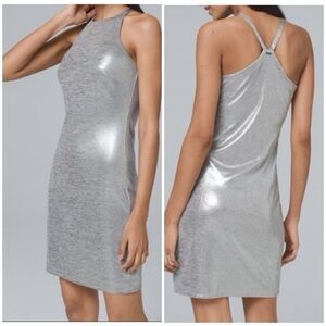 White House Black Market Sleeveless Metallic Silver Halter Shift Dress Large